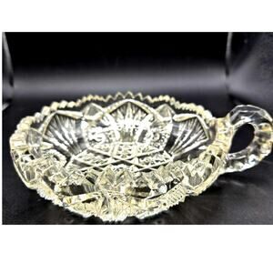 VTG Imperial Glass Nucut Handled Nappy Dish Sawtooth Rim Hobstars Arches